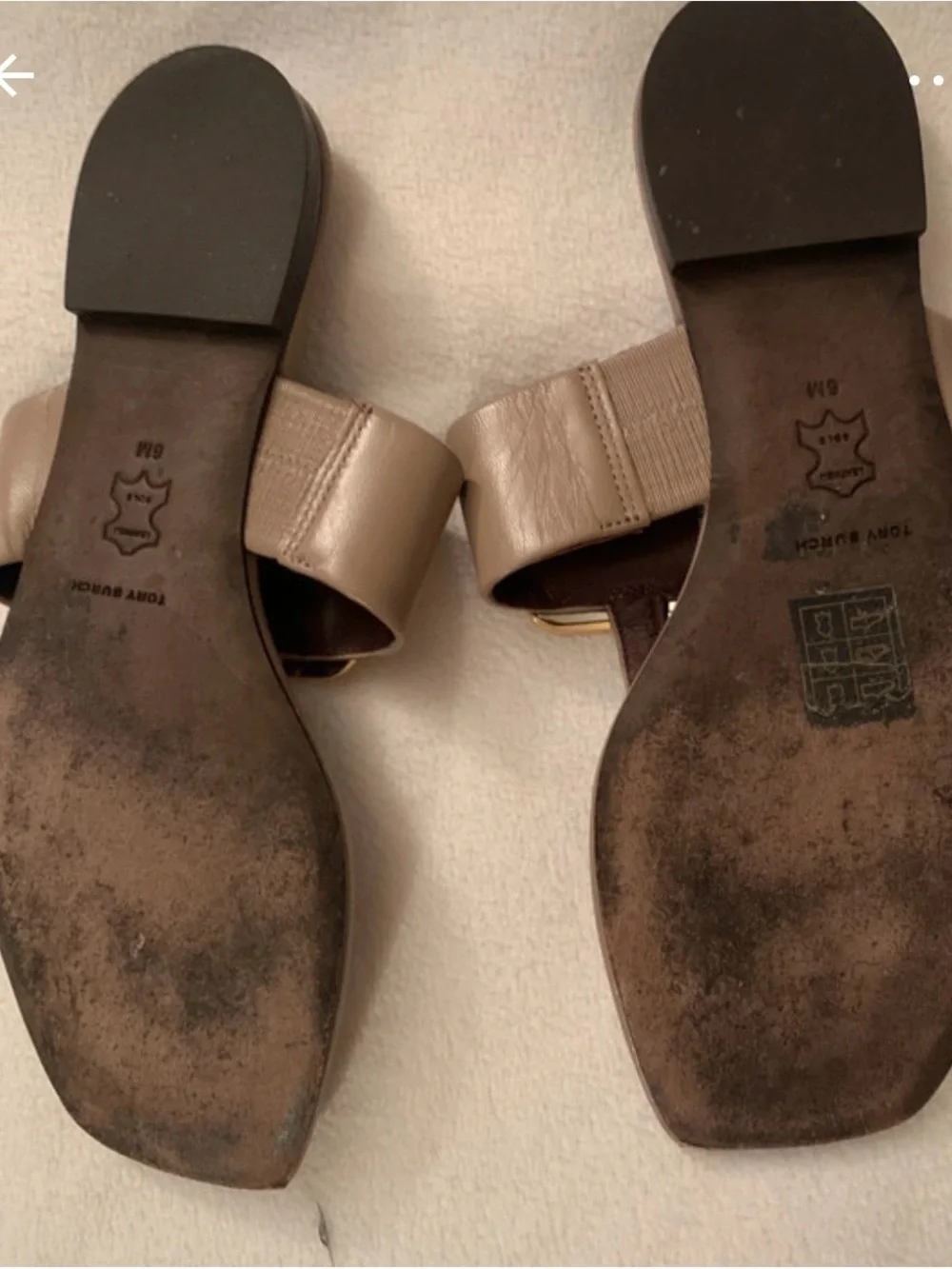 Tory Burch Taupe Leather Thong Sandals with Gold Logo Plaque